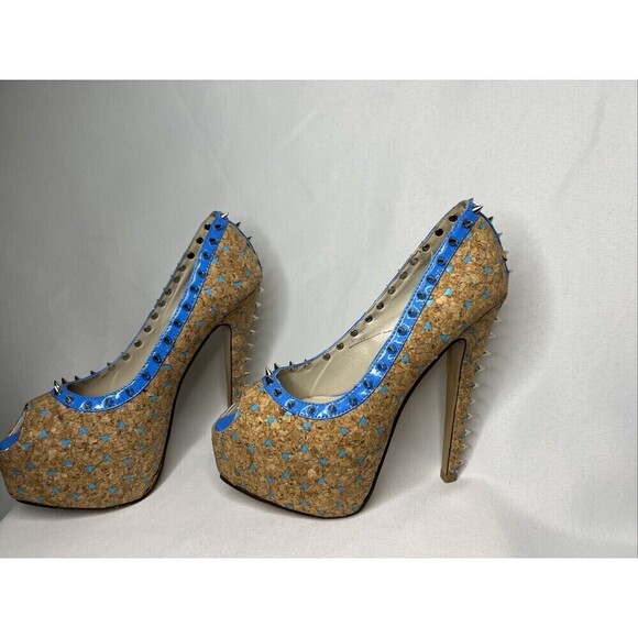 Red Kiss Studded Ruby Blue Cork High Heels Dancer Sz 8 Platform Spikes 5" Heel - Picture 5 of 7